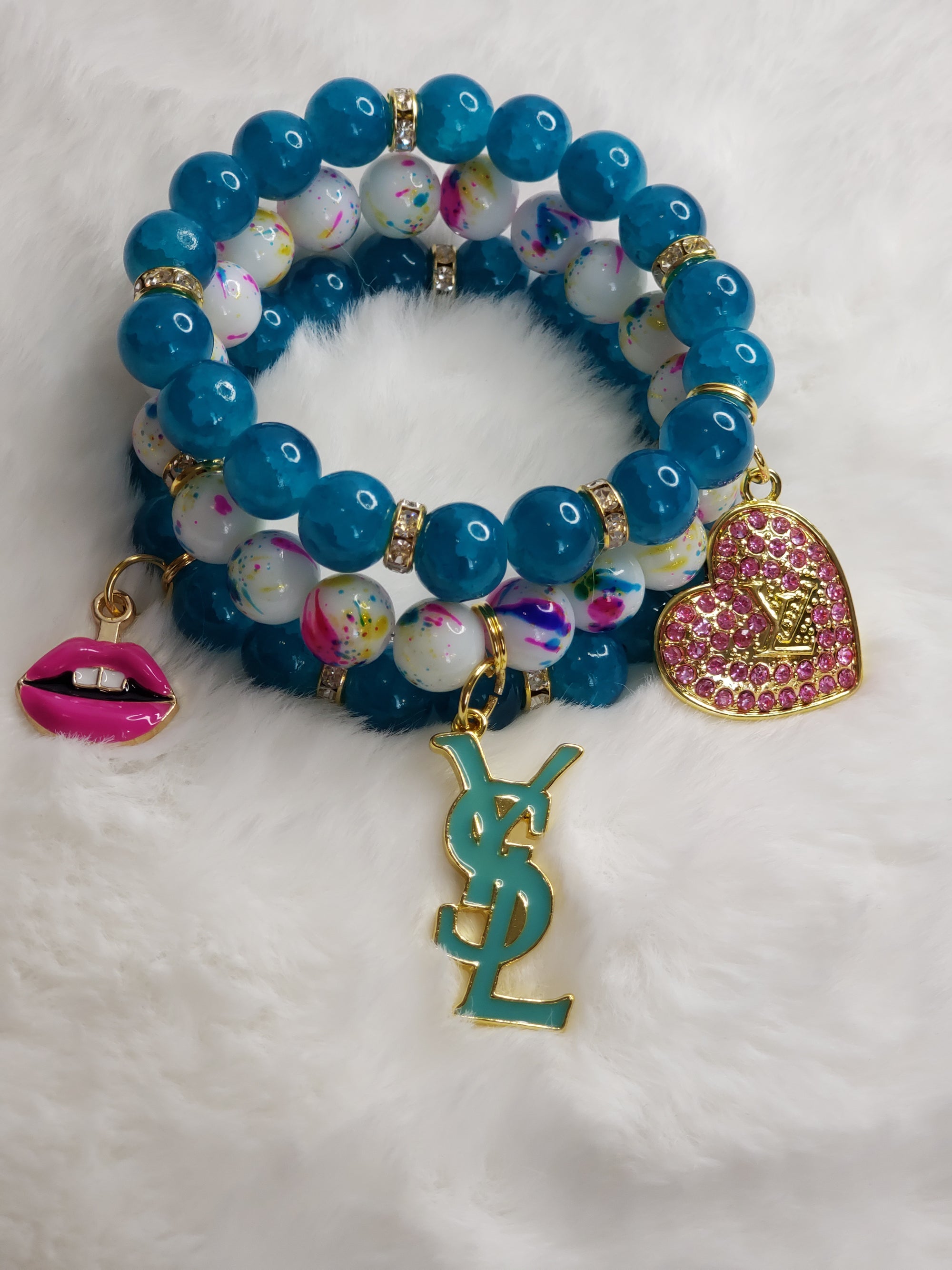 Deep Turquoise & Multi Colored Bead Charm Bracelet Set
