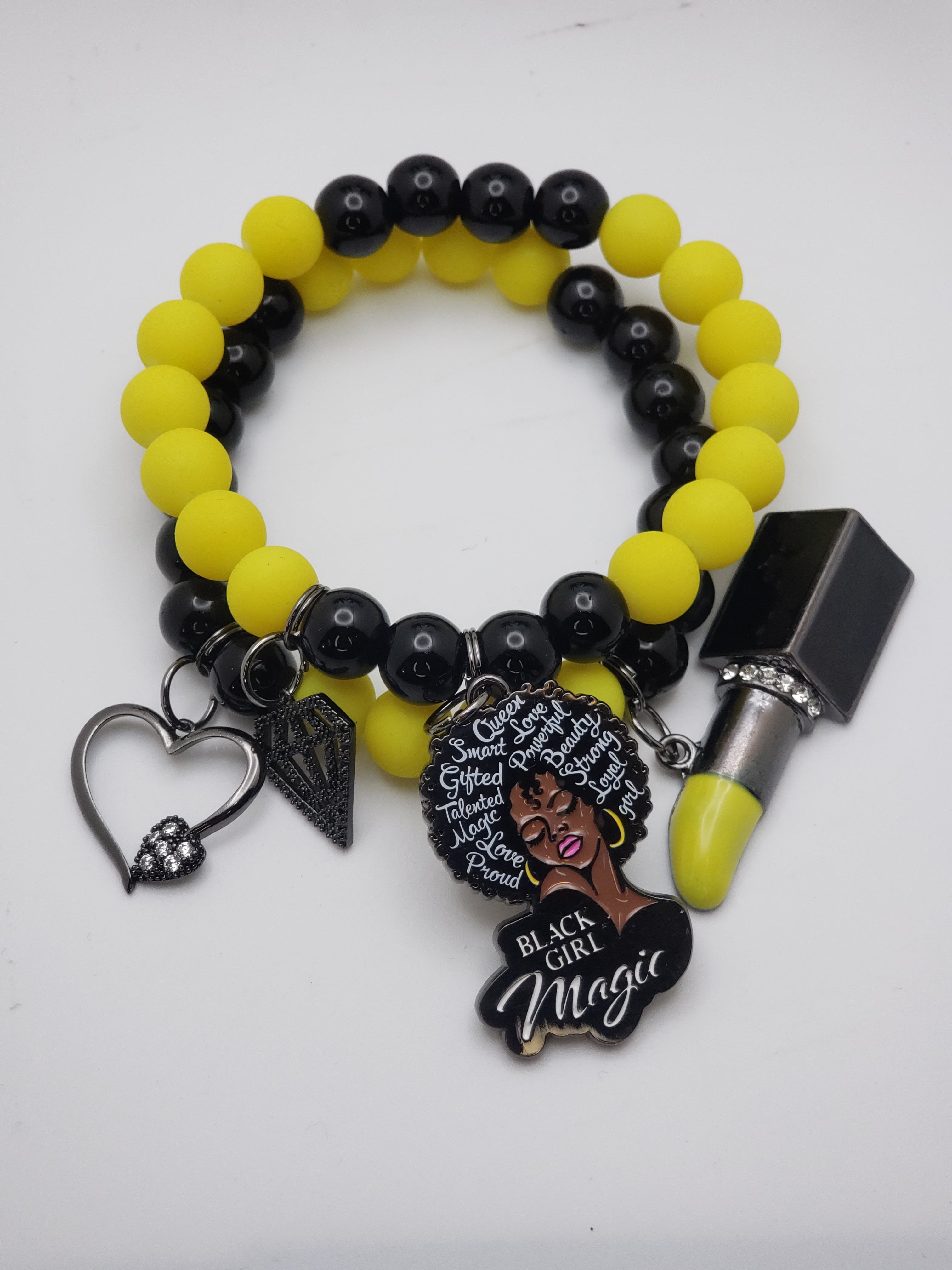Fluorescent Yellow & Black Beaded Charm Bracelet Set