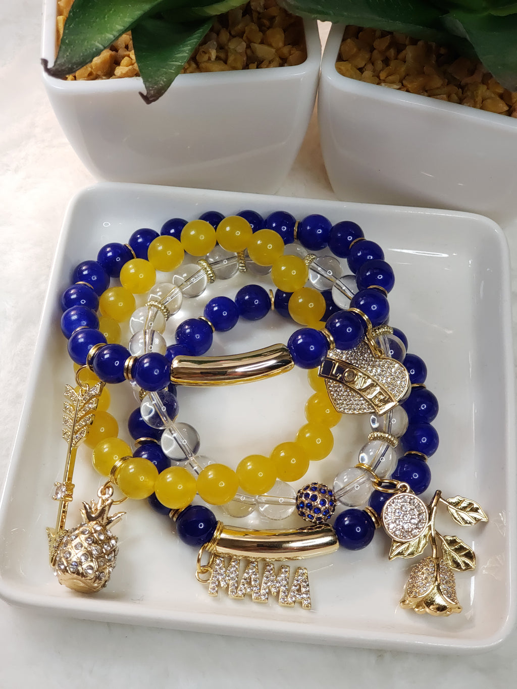 Royal Blue/Golden Yellow & Clear Beaded Charmbracelet Set