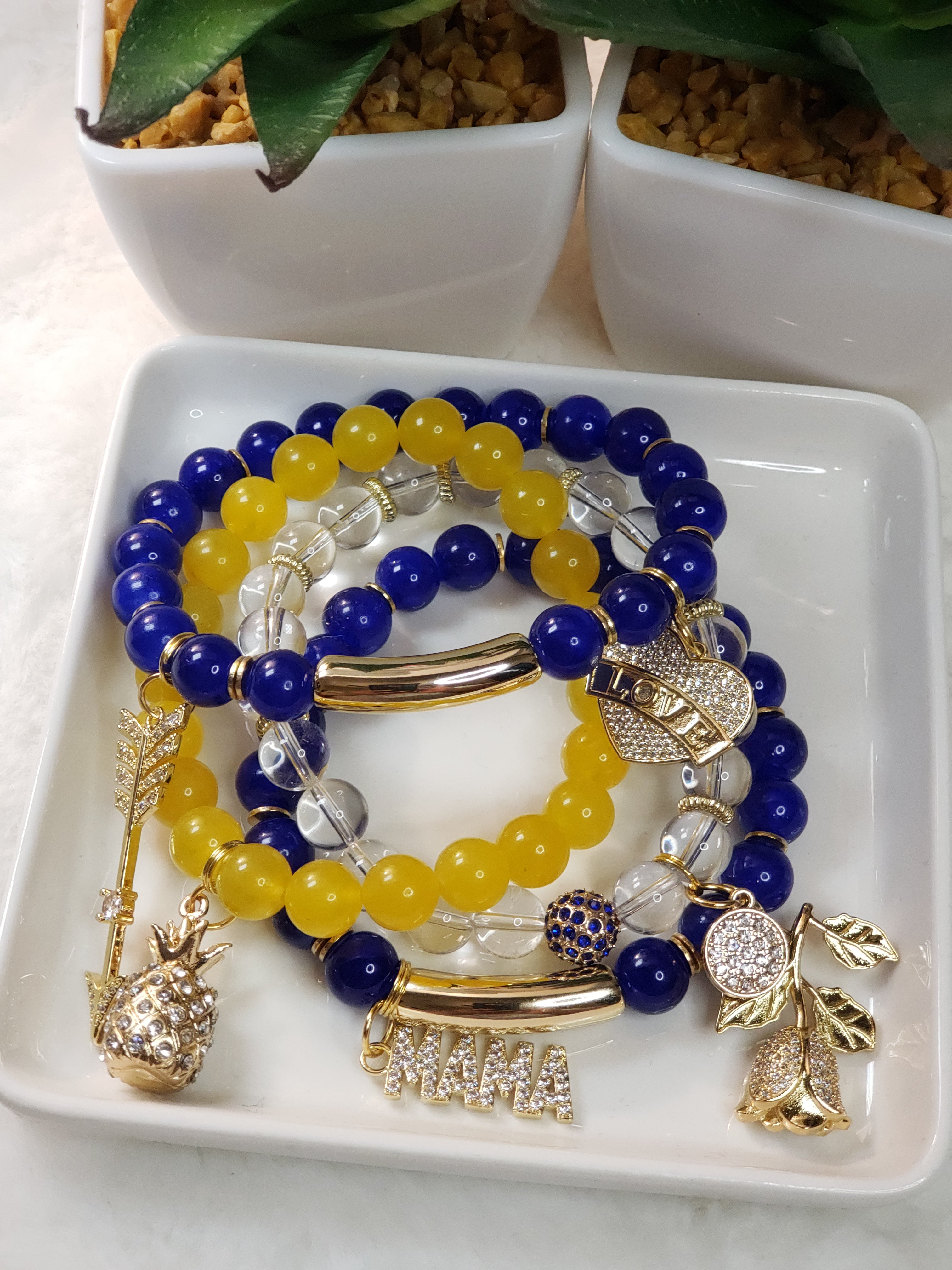 Royal Blue/Golden Yellow & Clear Beaded Charmbracelet Set