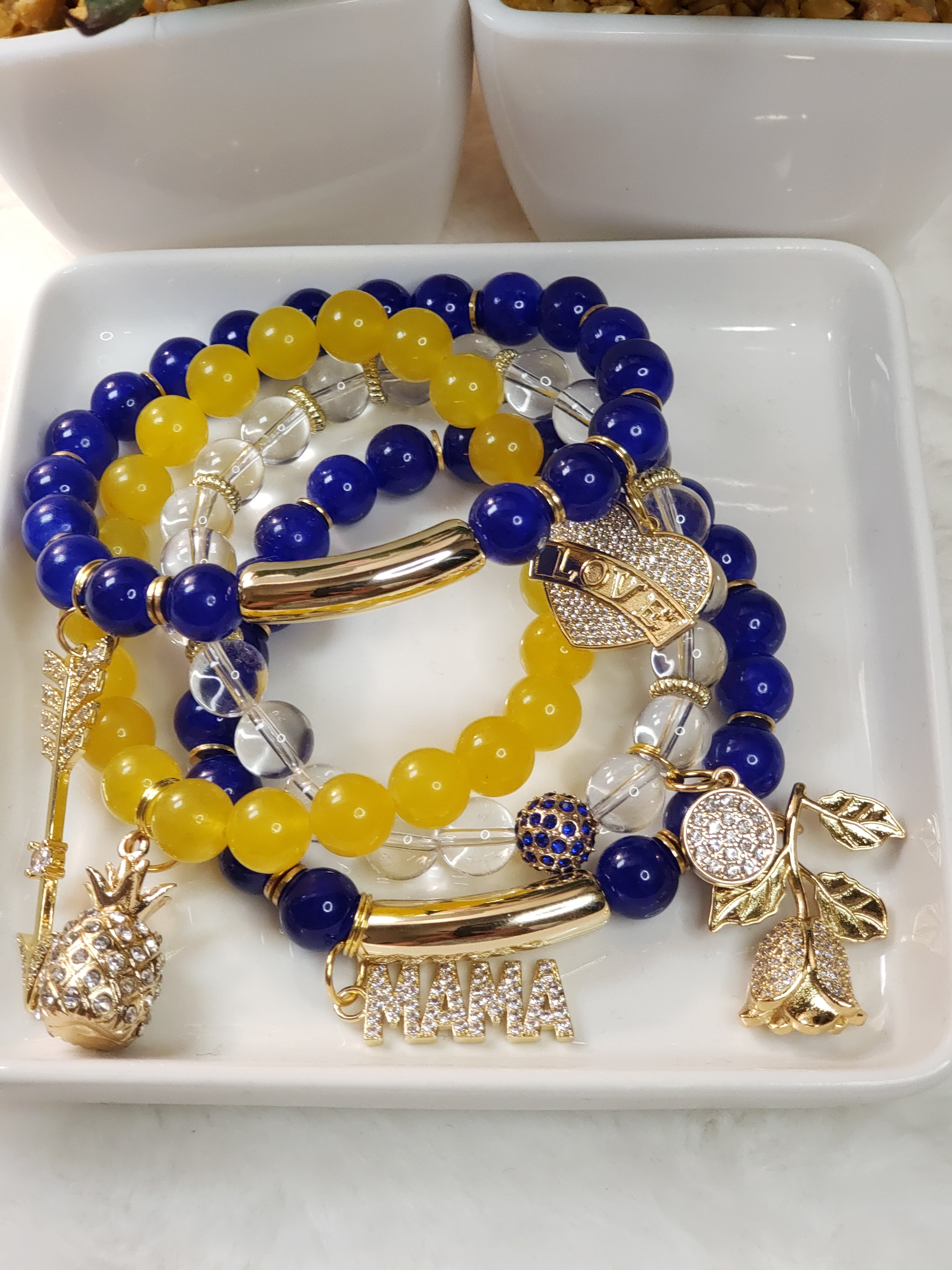 Royal Blue/Golden Yellow & Clear Beaded Charmbracelet Set