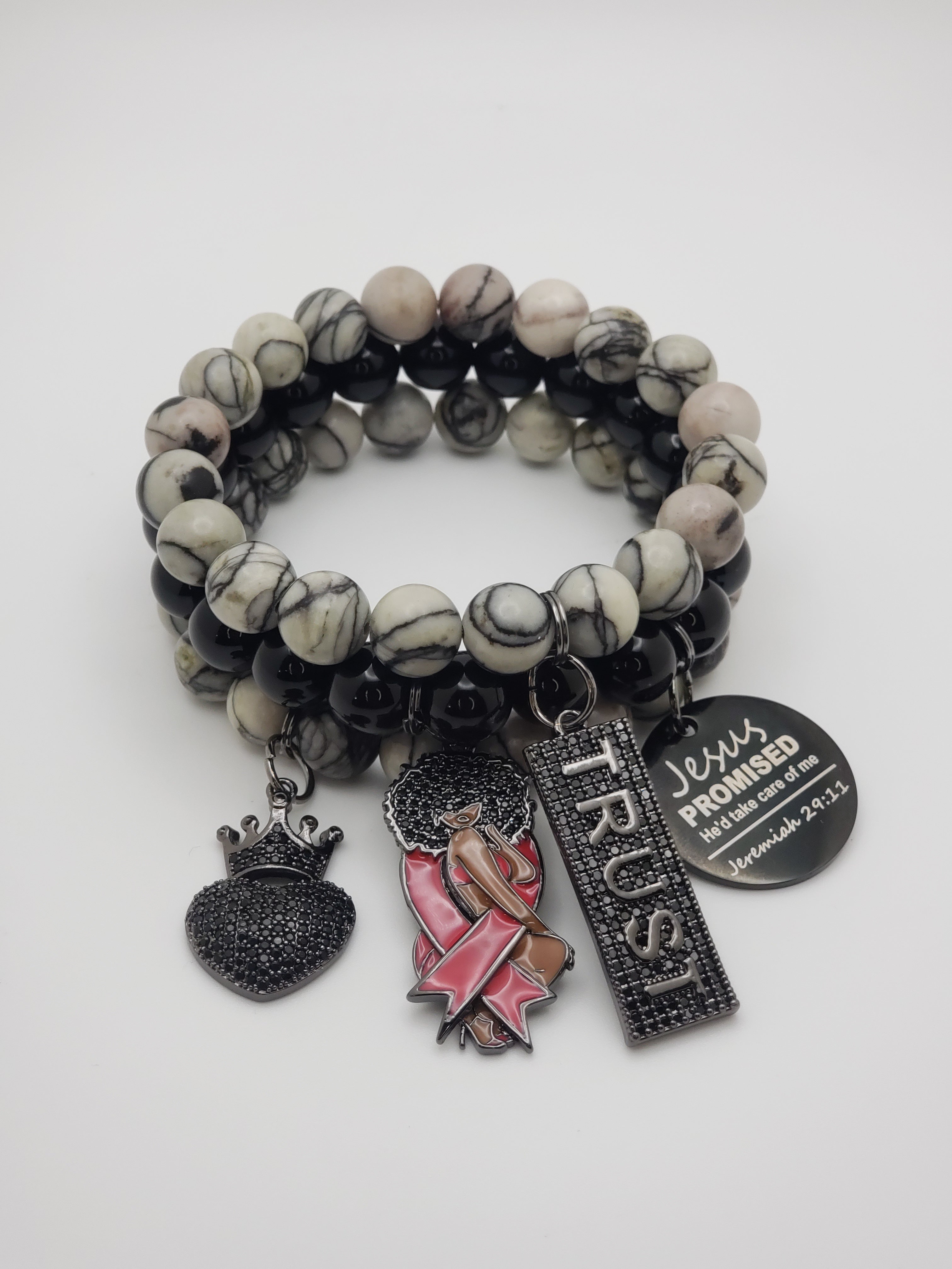 Black & Gray Swirl Beaded Breast Cancer Inspired Charmed Bracelets