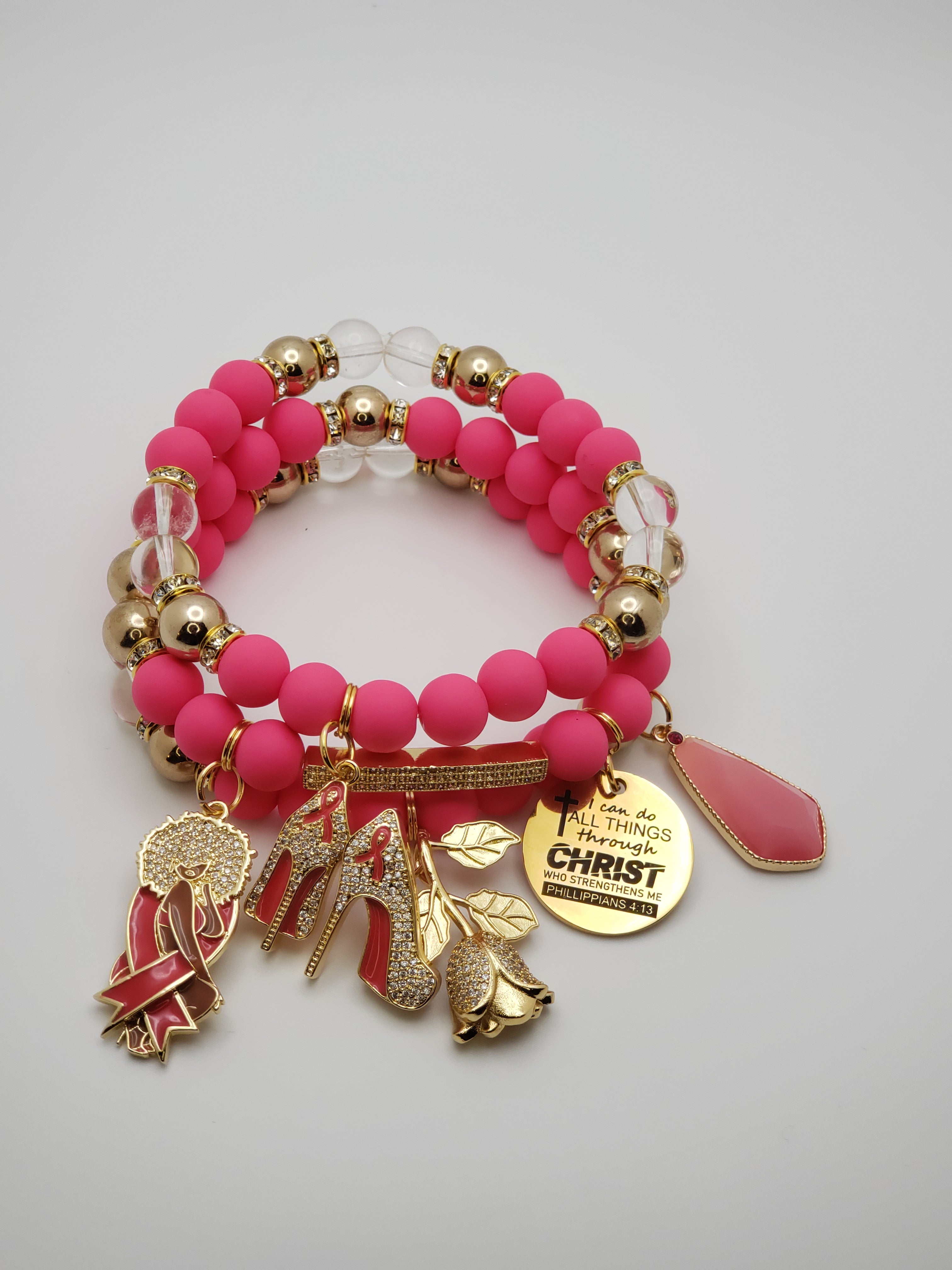 Breast Cancer Inspired Beaded Charm Bracelet Set