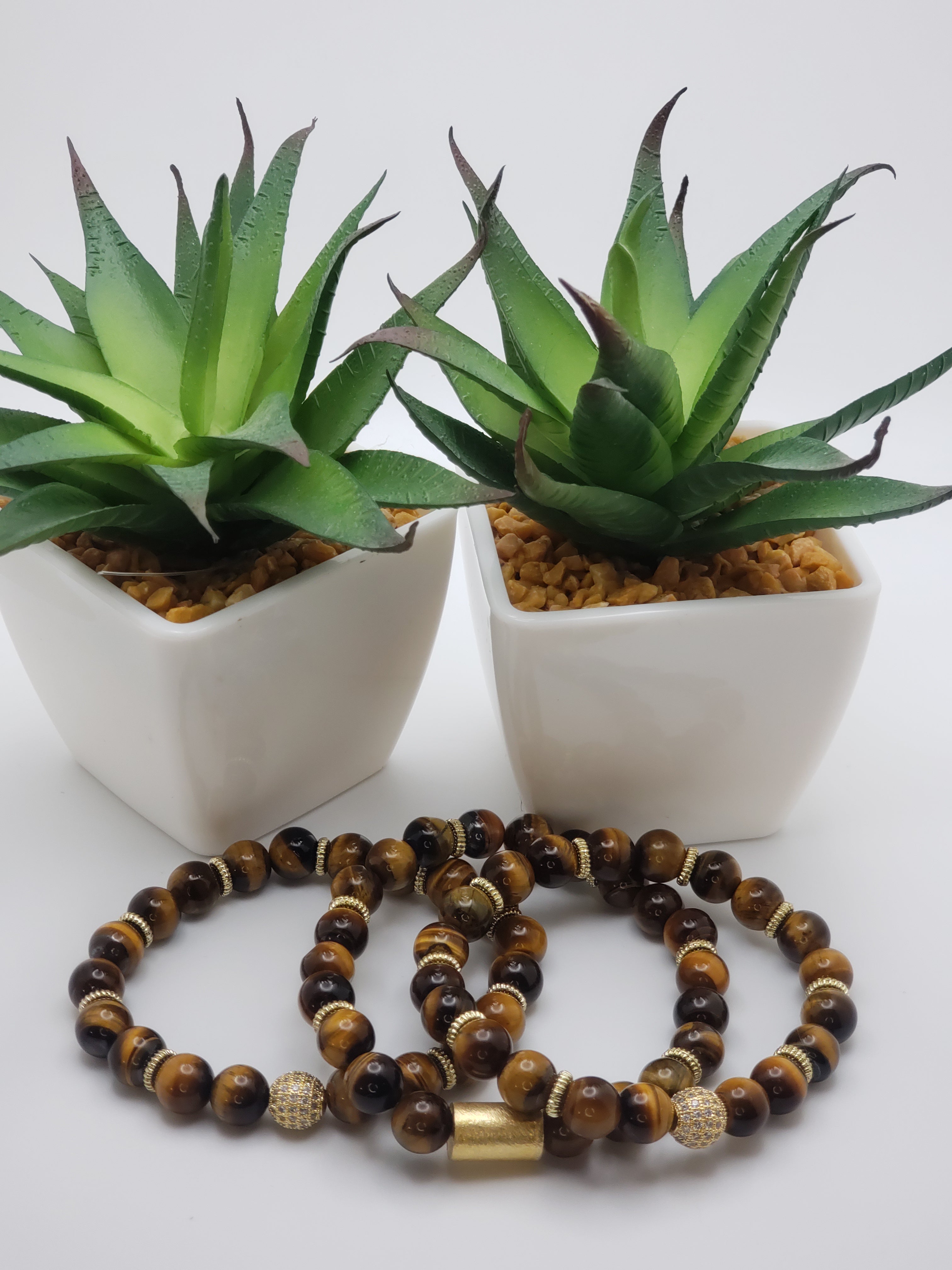 Tiger Eye Beaded Bracelet Set with Gold accents