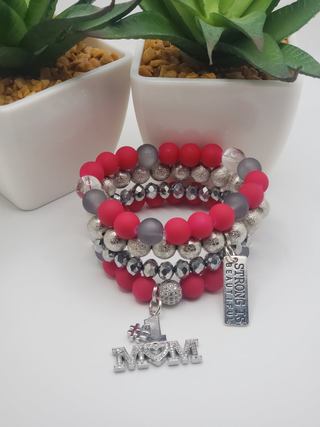 Dark Pink & Shades of Gray Beaded Charm Bracelet Set