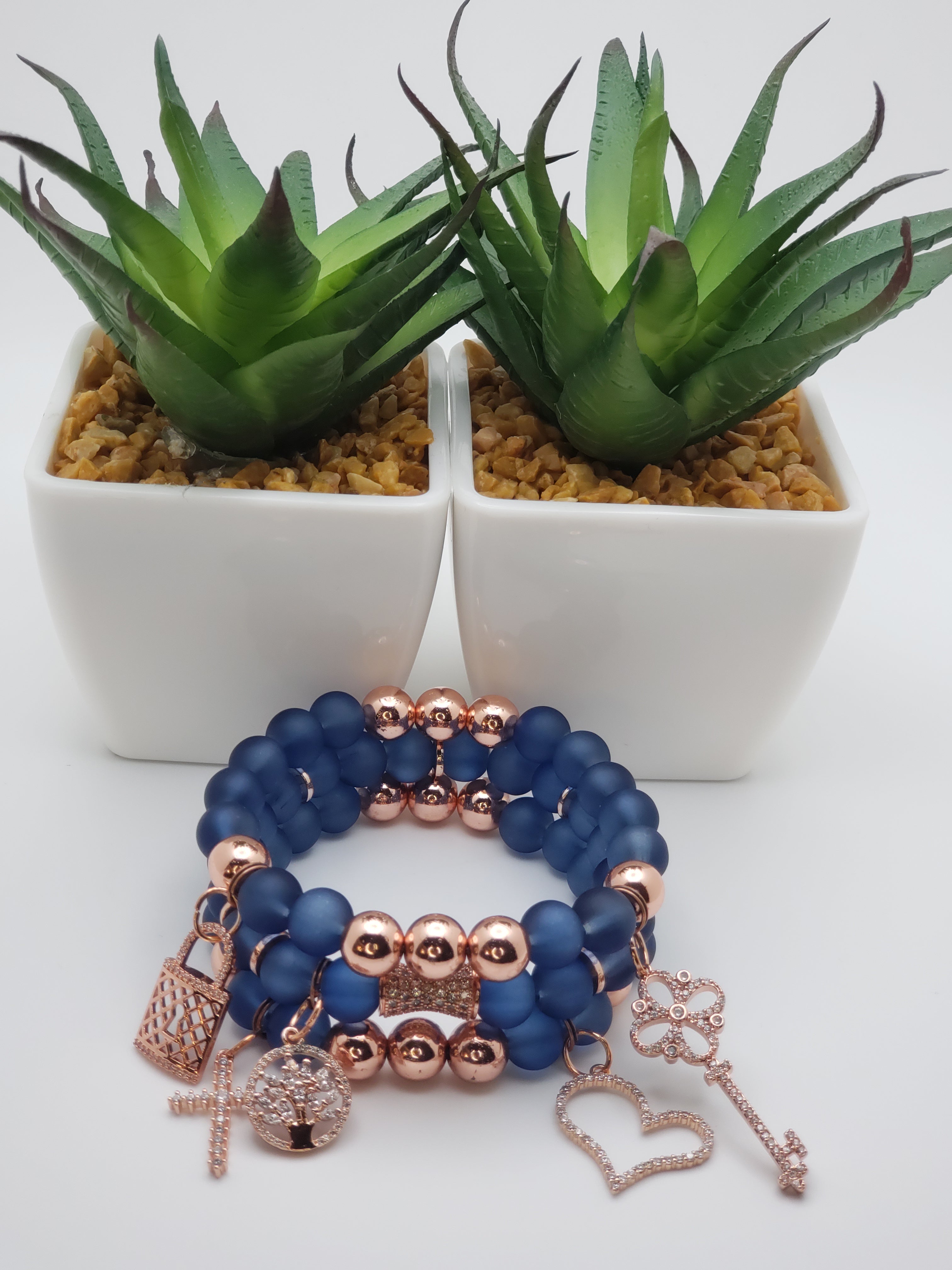 Navy Blue Matte & Rose Gold Beaded Charm Bracelets