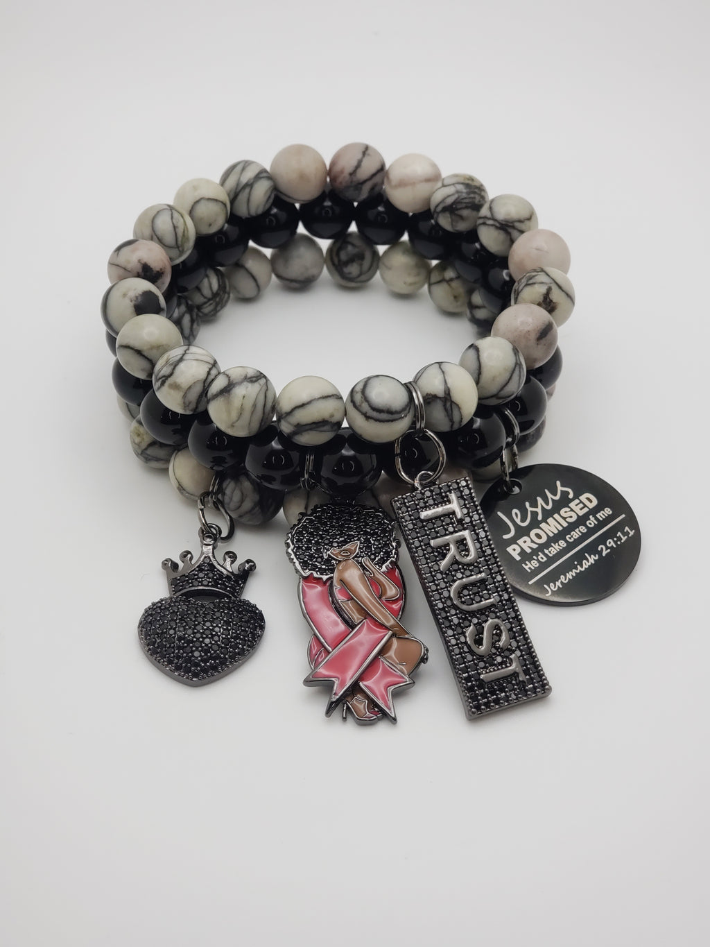 Black & Gray Swirl Beaded Breast Cancer Inspired Charmed Bracelets