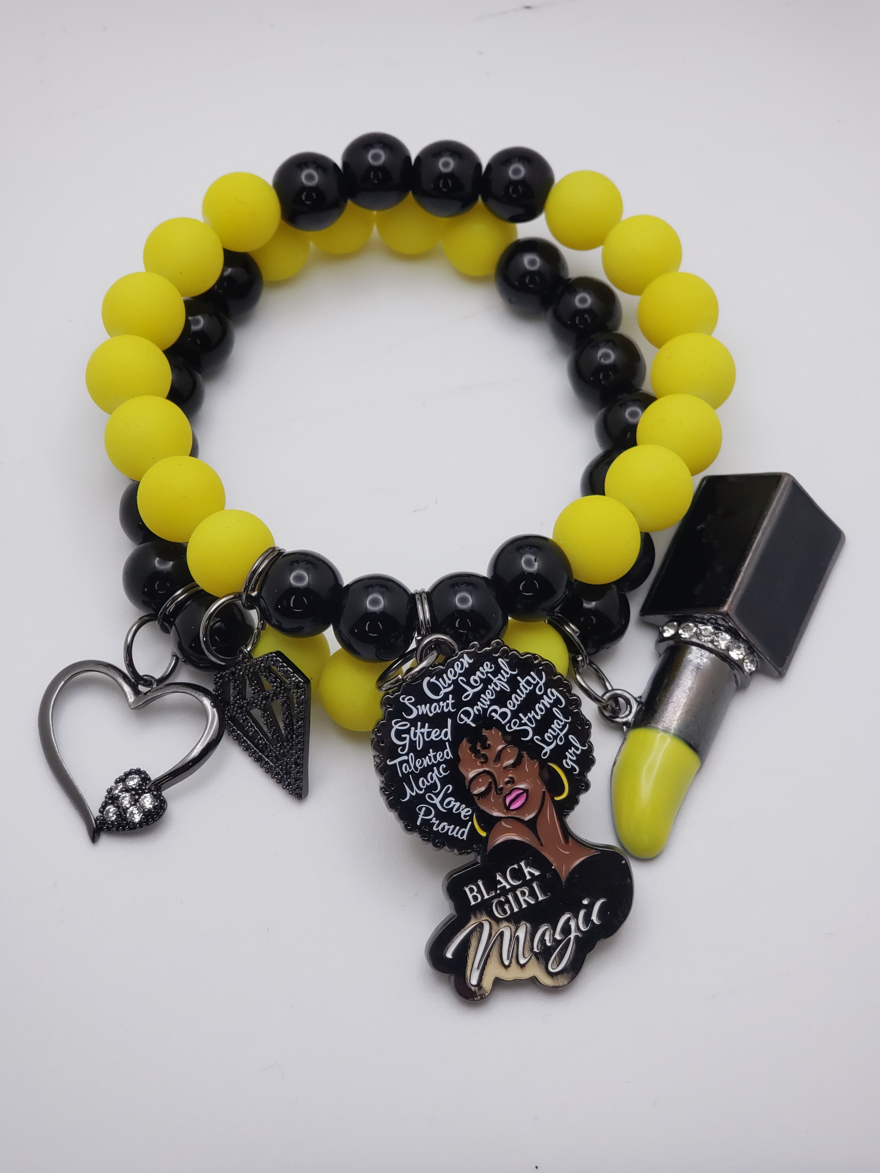 Fluorescent Yellow & Black Beaded Charm Bracelet Set