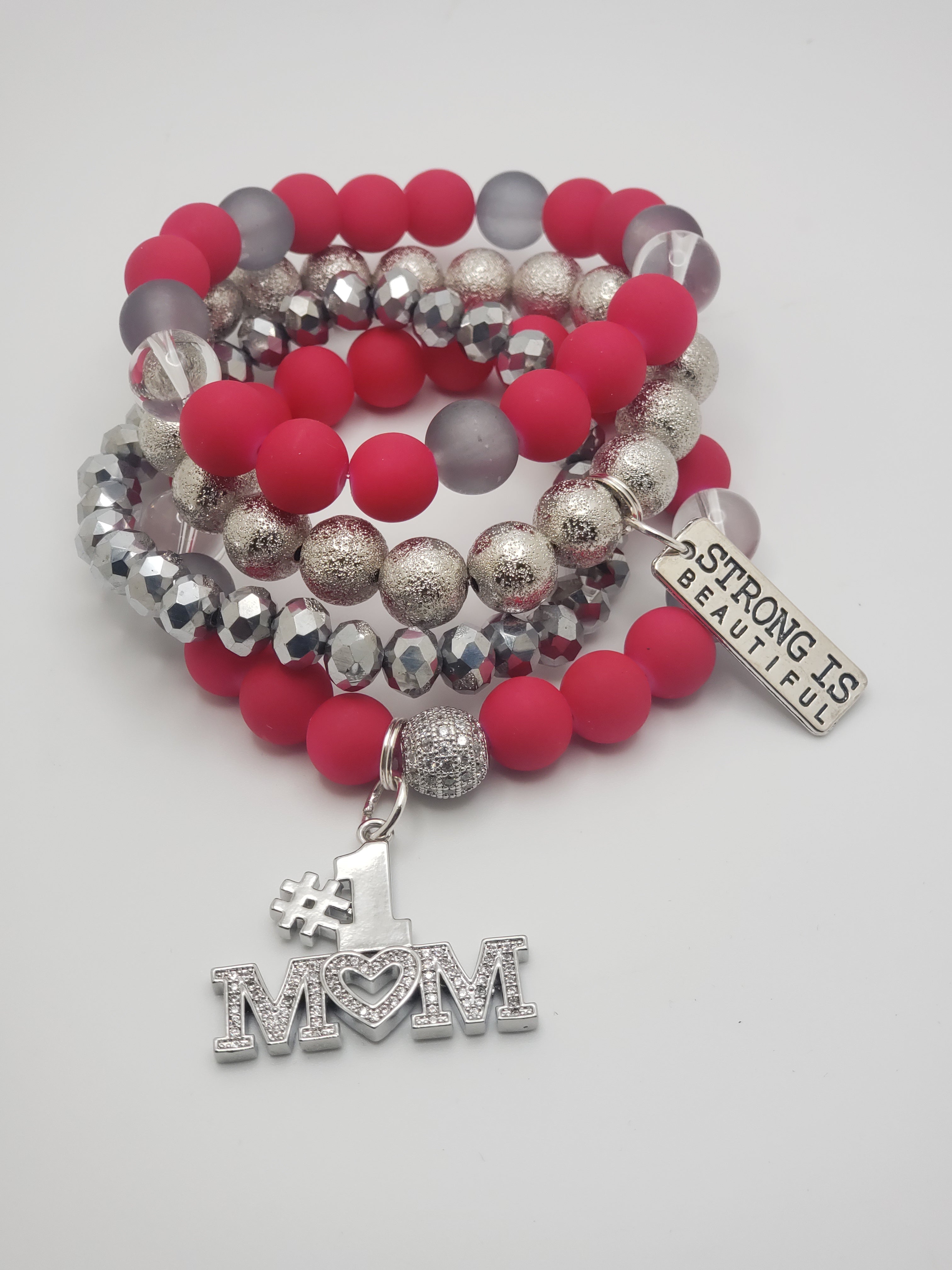 Dark Pink & Shades of Gray Beaded Charm Bracelet Set