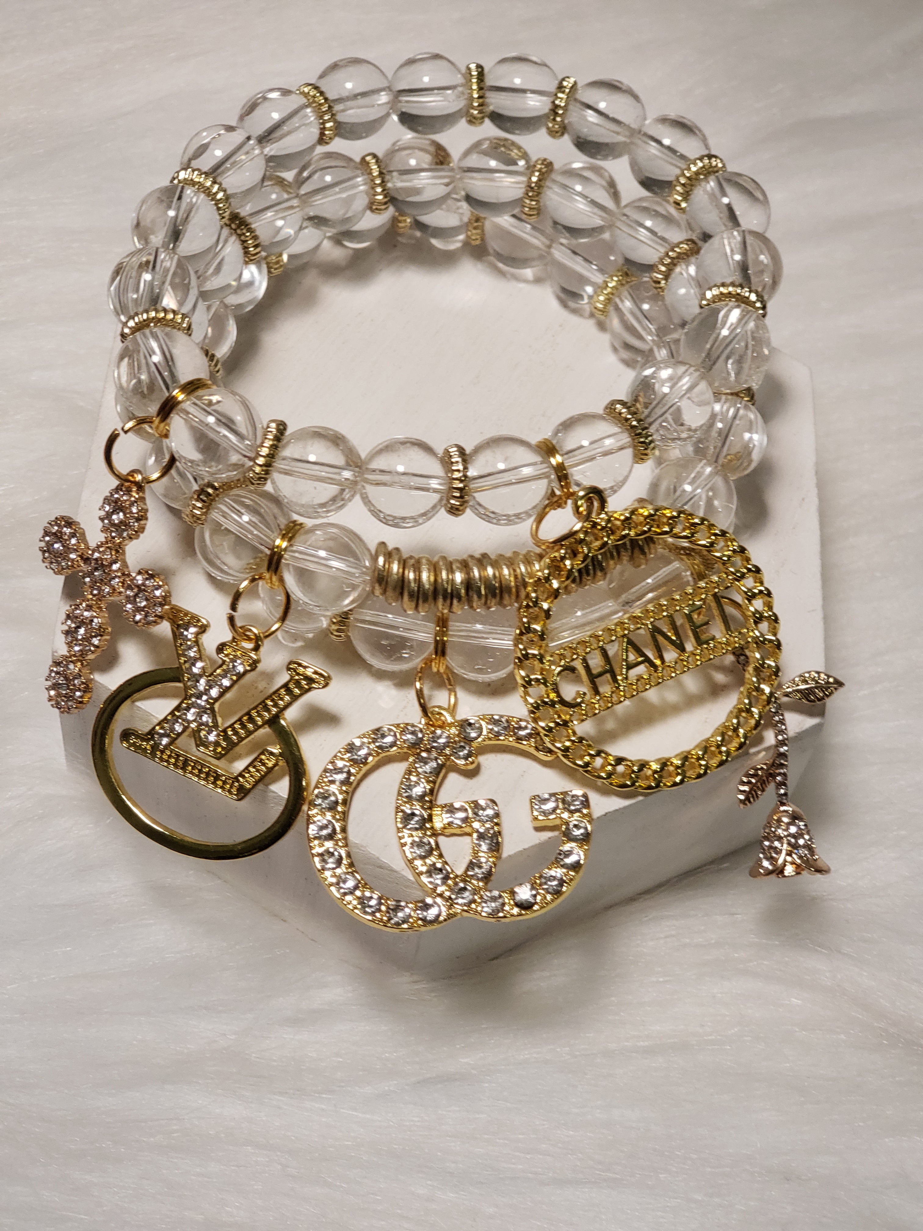 Clear & Gold Beaded Charm Bracelet Set
