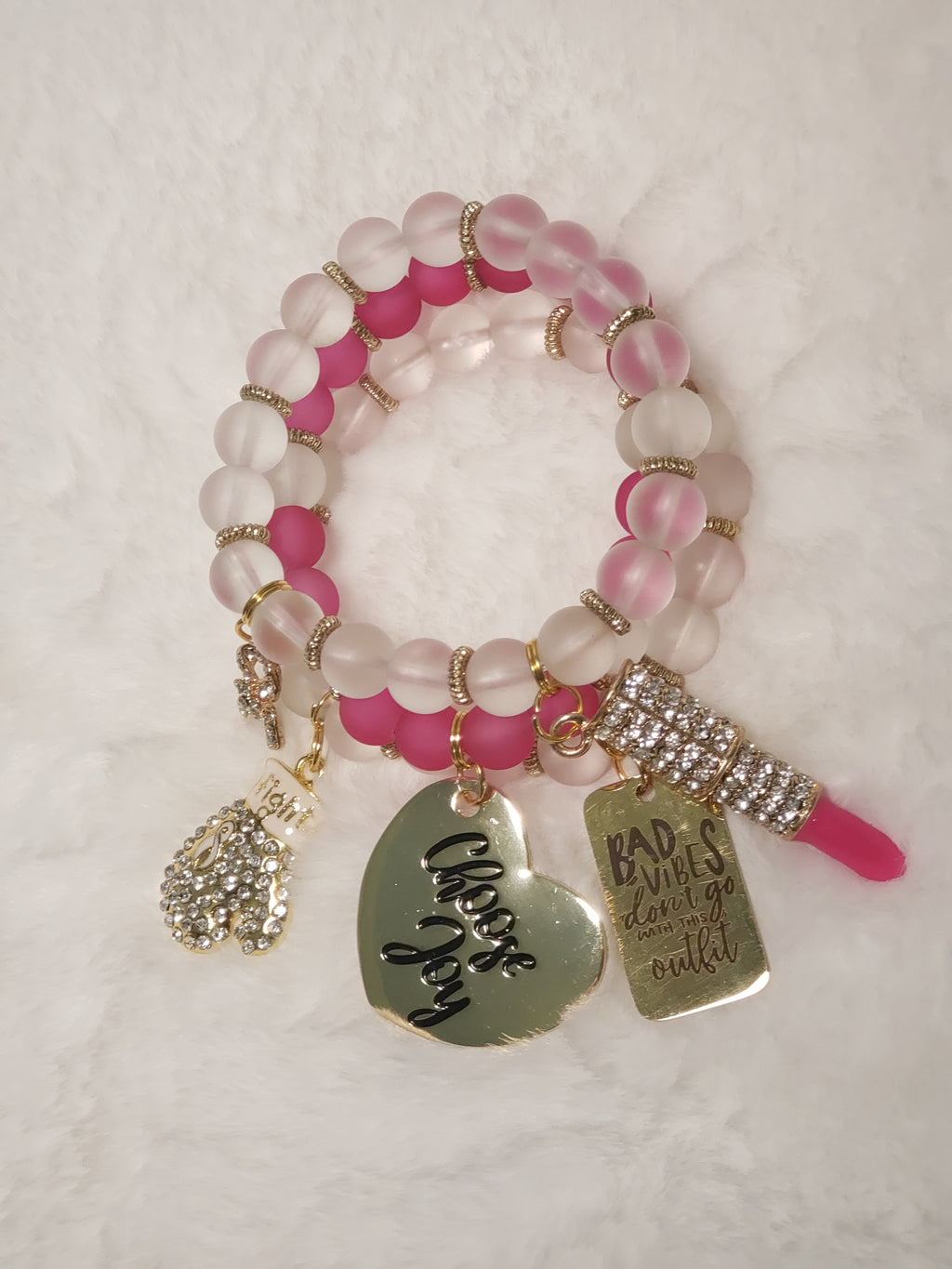 Frosty Clear & Hot Pink Beaded Charm Bracelet Set