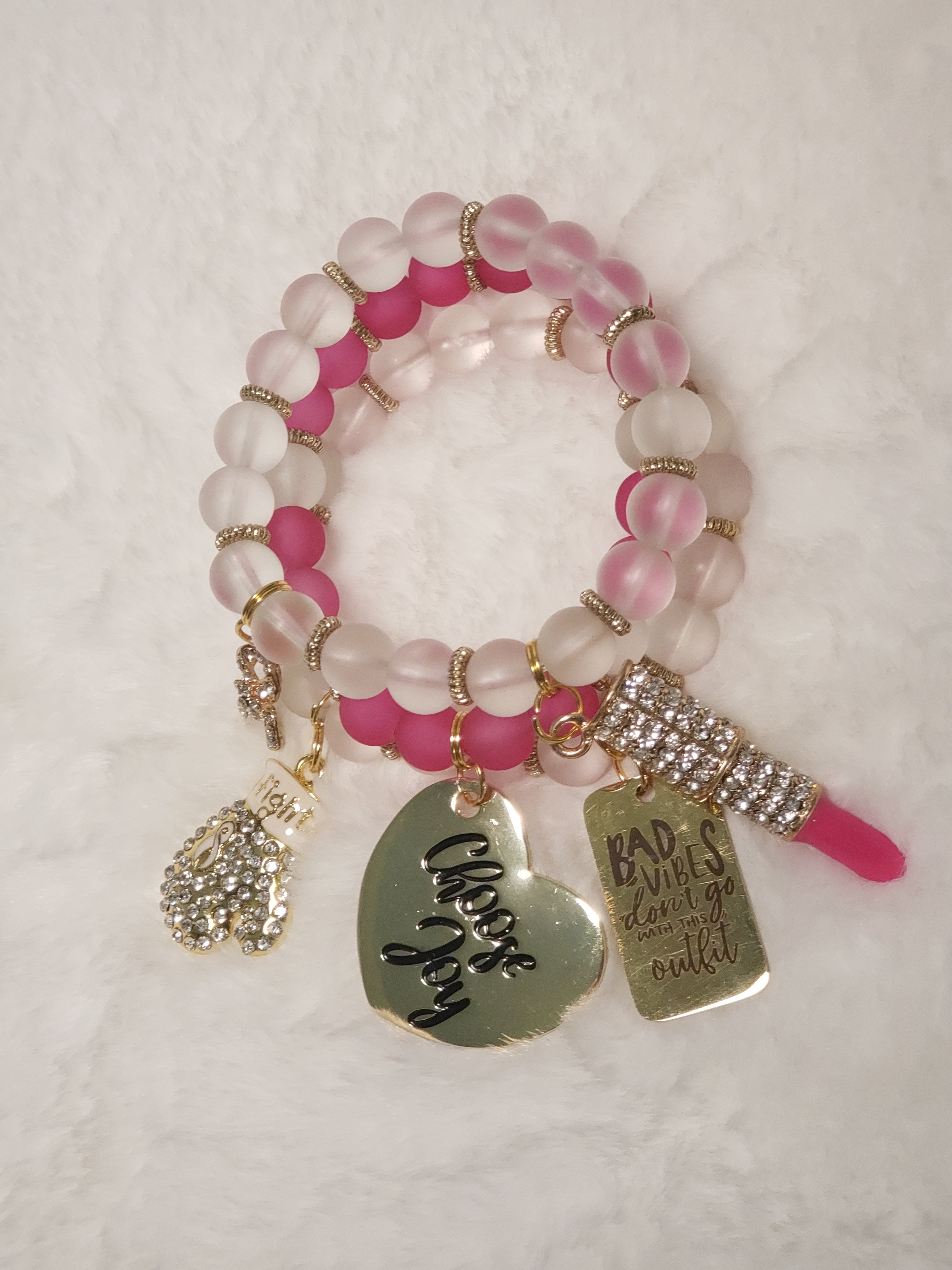 Frosty Clear & Hot Pink Beaded Charm Bracelet Set