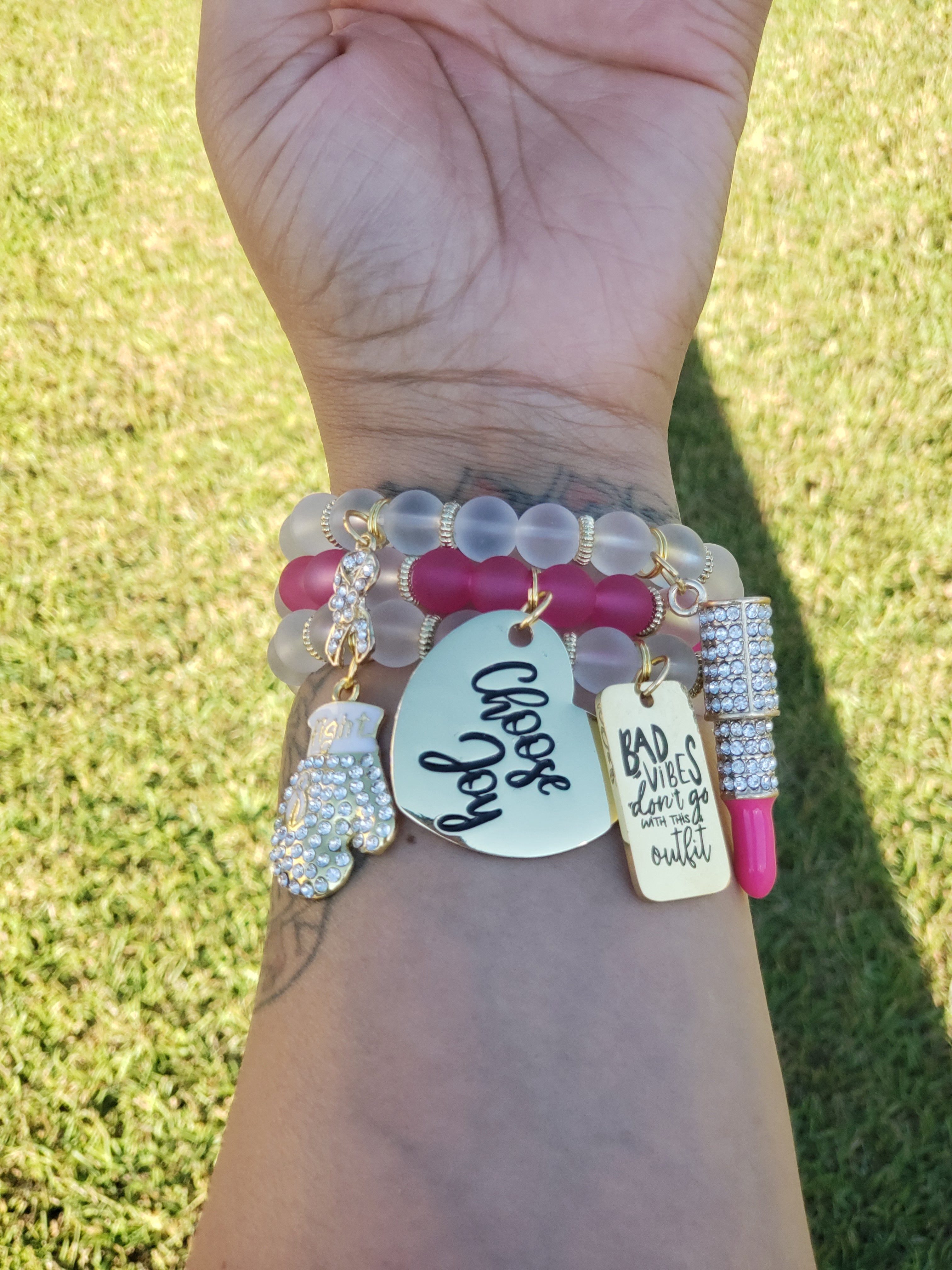 Frosty Clear & Hot Pink Beaded Charm Bracelet Set