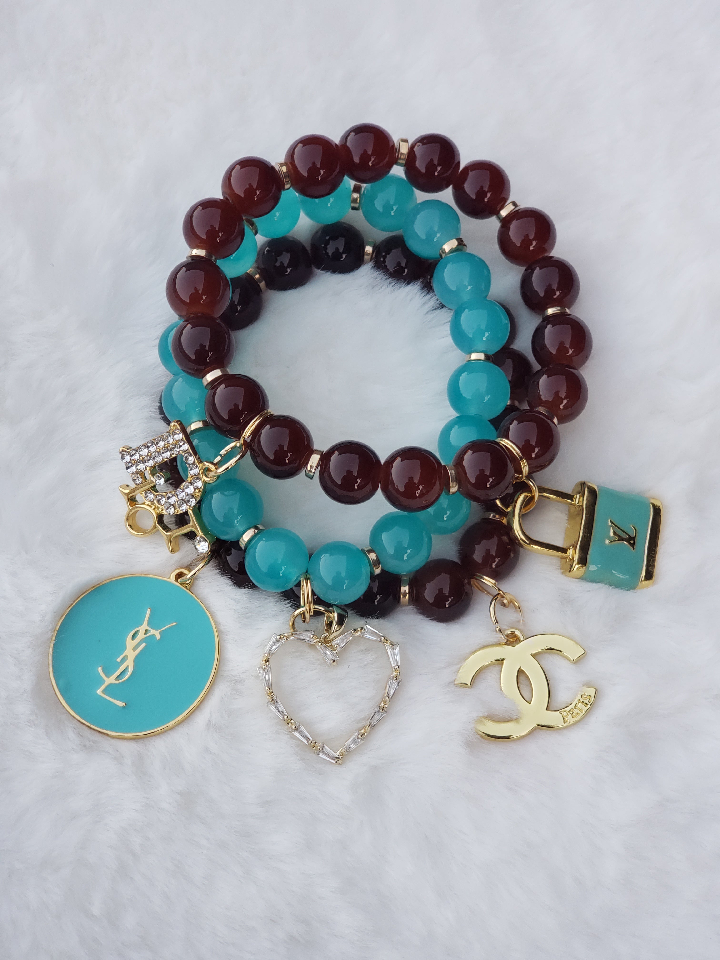 Chocolate & Turquoise Beaded Bracelets with Gold Charms