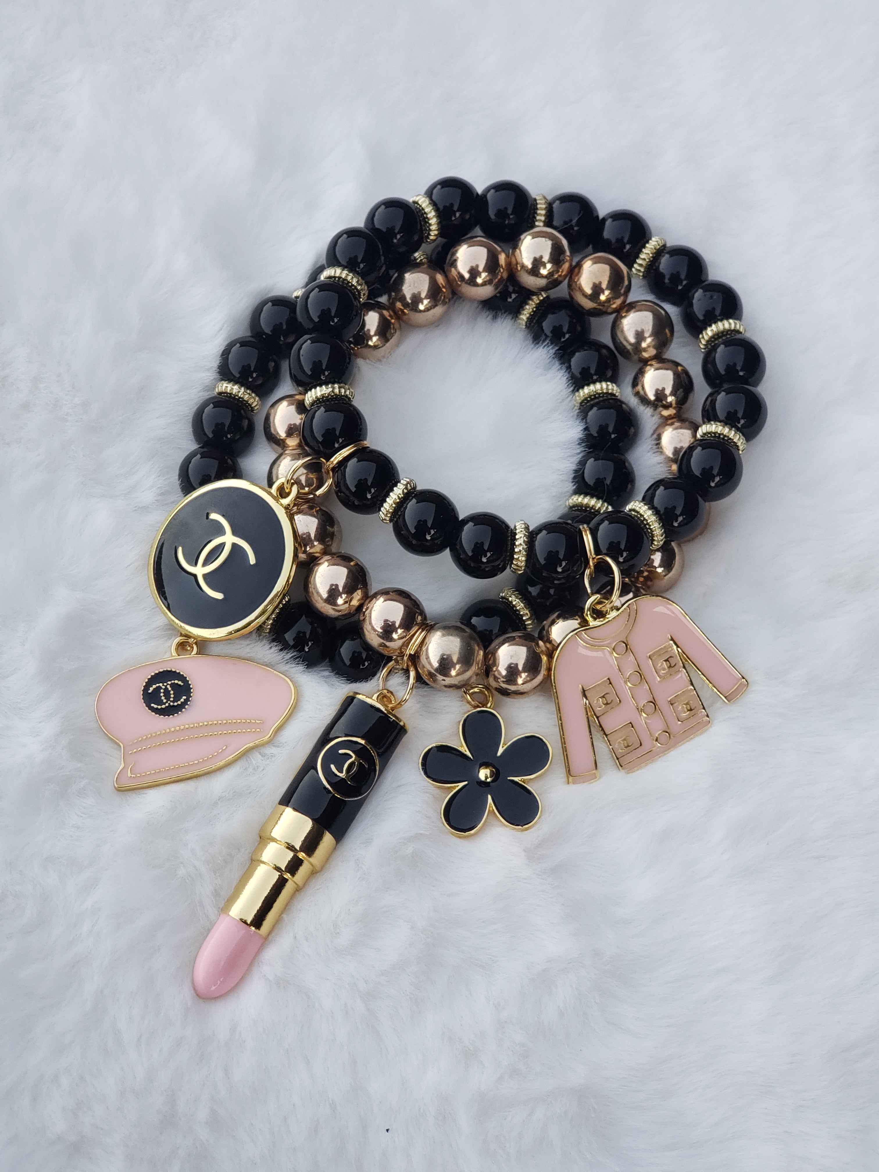 Black & Gold with Pop of Light Pink Beaded Charm Bracelets