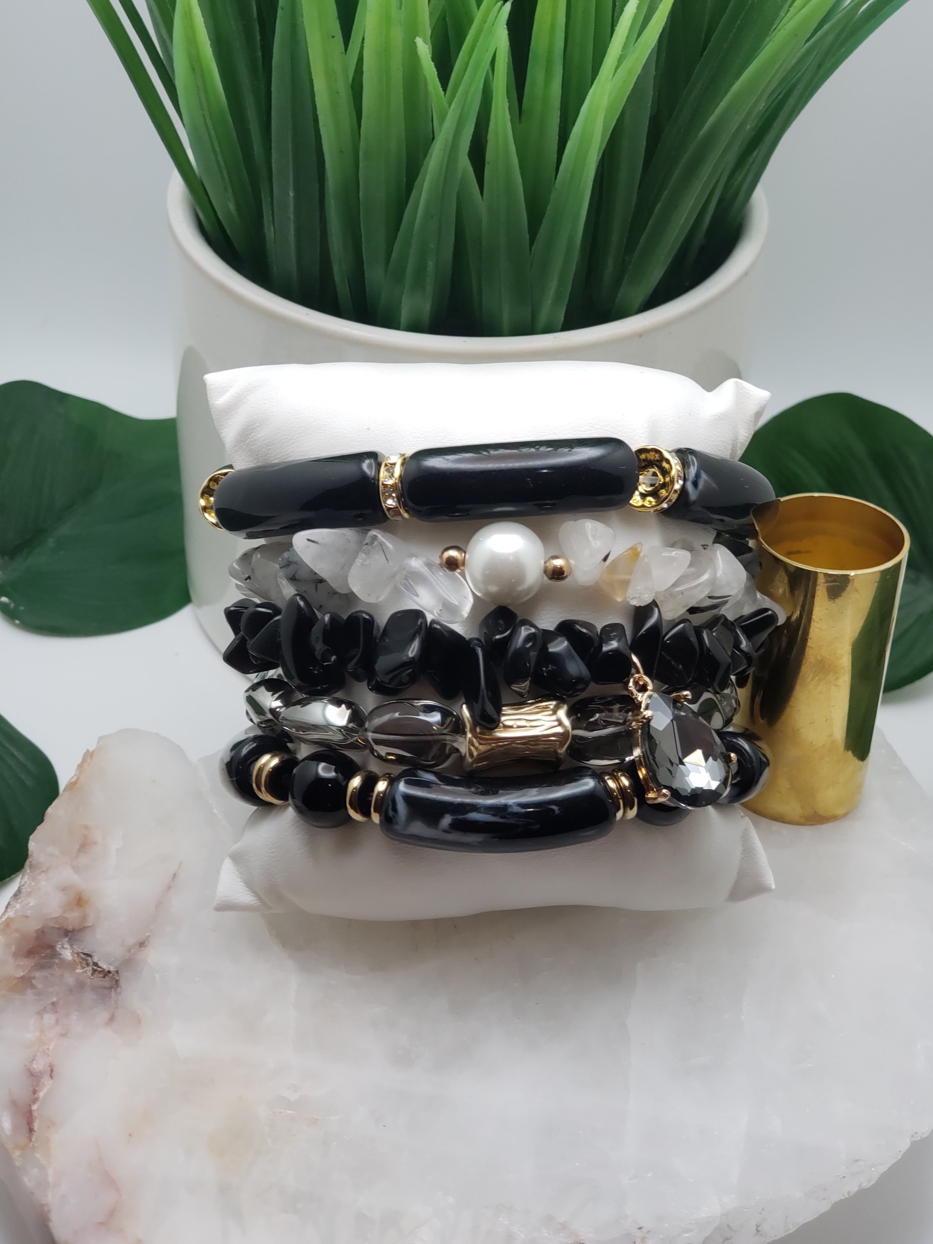 Black & White Marble Semiprecious Stone Beaded Bracelet Set Accented with Gold