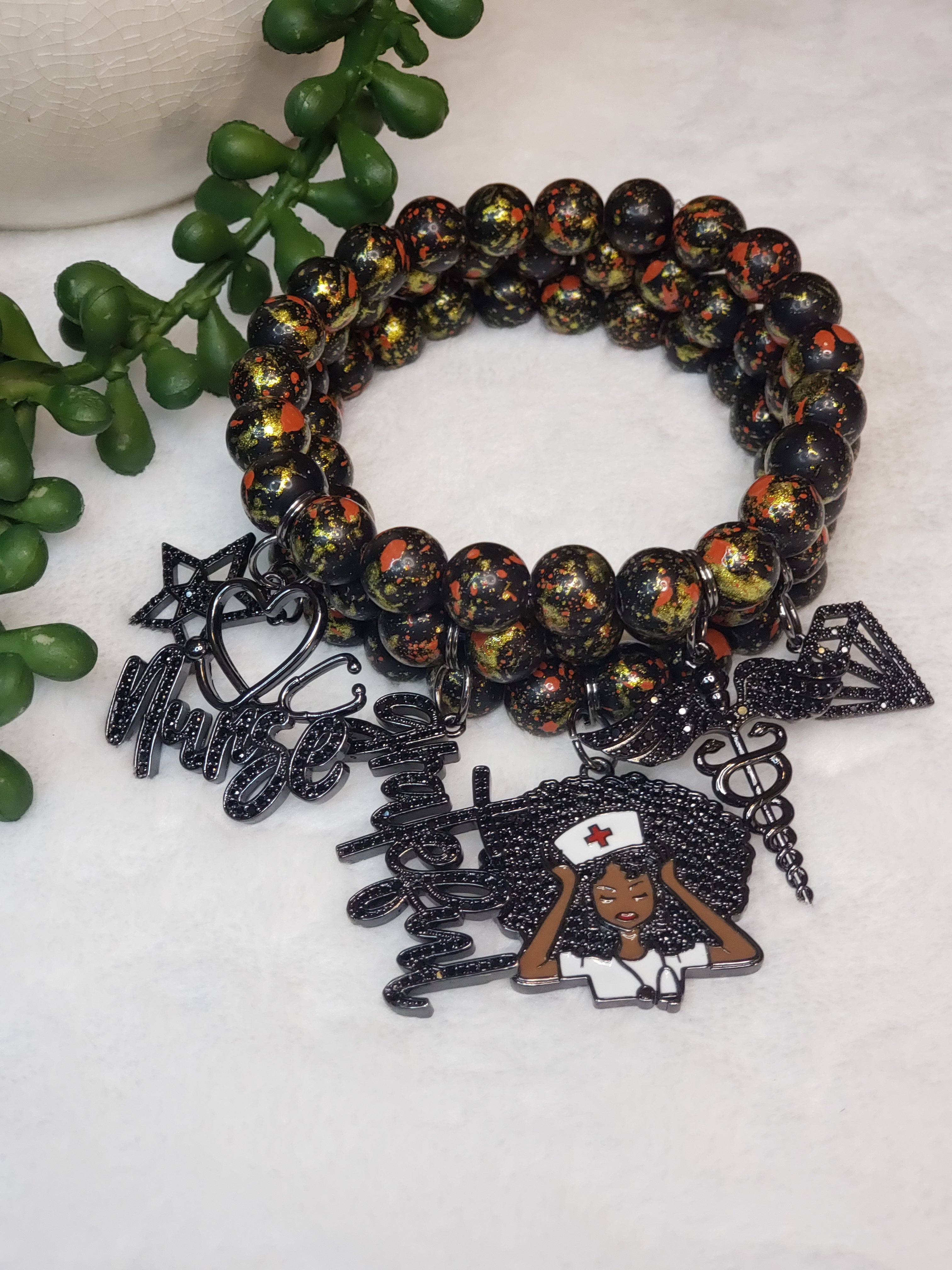 Black W/ Red & Gold Speckle Nurse Charmed Set